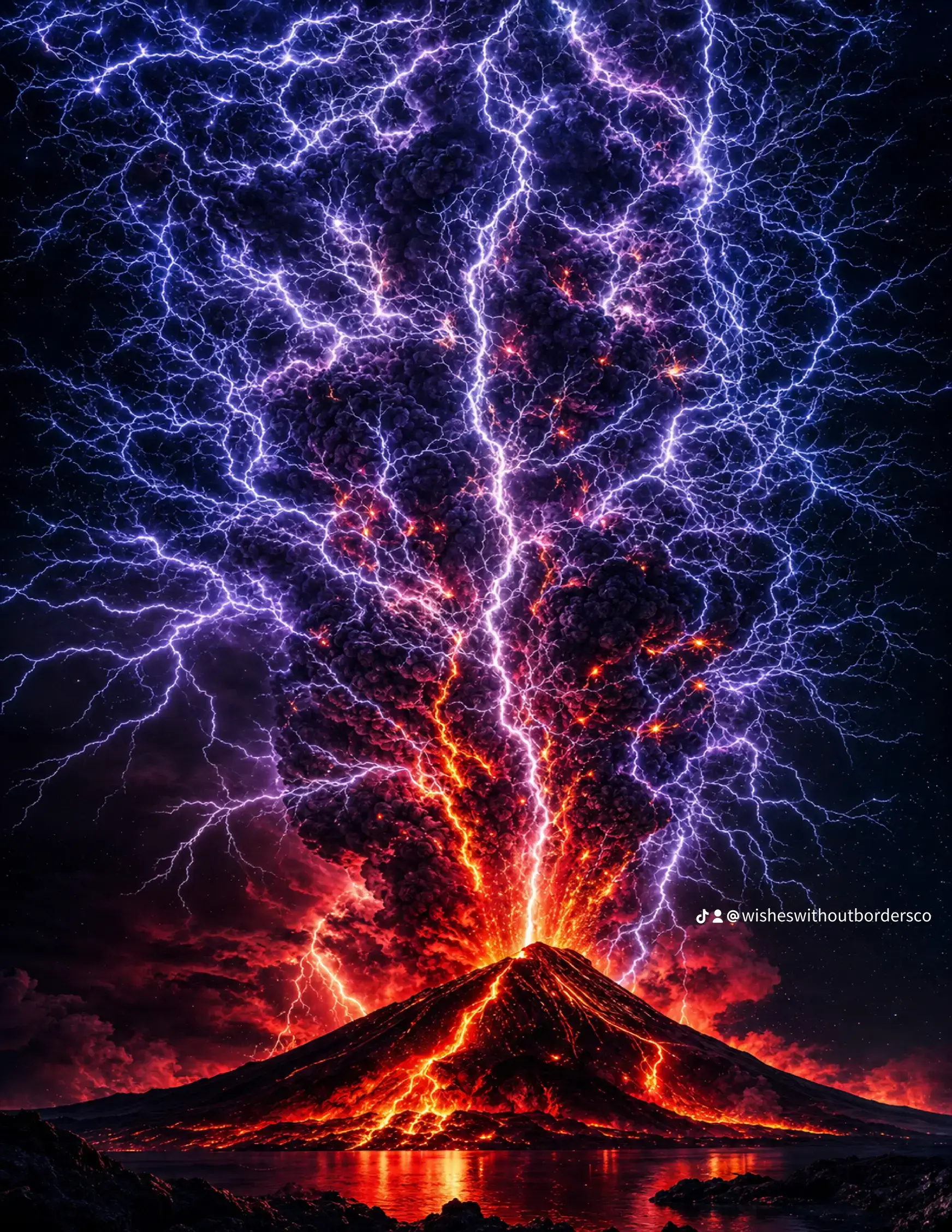 An erupting volcano beneath a lightning-filled sky